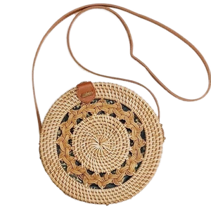 Sac à main rond en rotin naturel tissé à la main sangles en cuir gland décoration à la mode fermeture à glissière Portable sac à main doublure en Polyester - Product Image 5