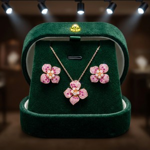 Ensemble de bijoux Xinfly pour enfants en or massif 18 carats avec saphir rose naturel et diamants, pendentif trèfle, boucles d'oreilles, cadeau romantique AU750 - Product Image 6