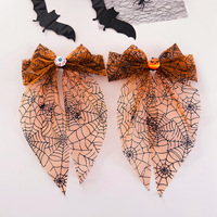 Lazo decorativo de tela naranja con telaraña de Halloween, pinzas para el pelo, cinta larga para el pelo, calabaza original para regalo de fiesta o festividades