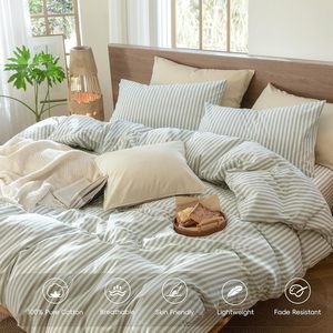 Cổ điển 100% bông 3-mảnh Duvet cover Set trắng và Sage màu xanh lá cây sọc vượt thời gian thoải mái cho phòng ngủ hợp thời trang trang trí nội thất - Product Image 2