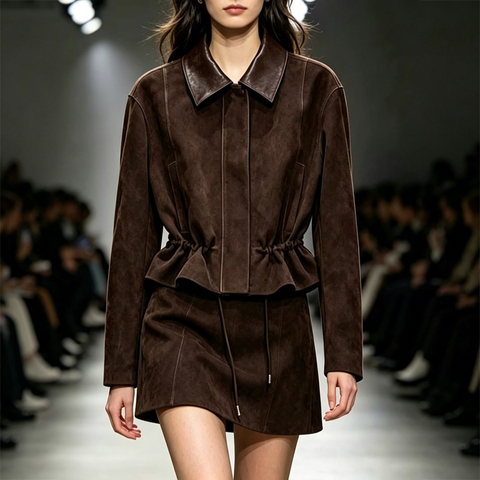 HN6148 Women's Coffee Brown Suede Sheepskin Jacket Turn-down Collar Drawstring Waist Casual Coat