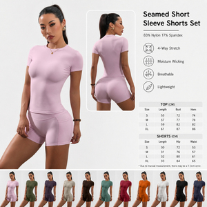 Ensemble de sport 2 pièces personnalisé avec logo pour femme : haut court de gym à manches courtes et short taille haute avec poches, tenue de yoga et de course - Product Image 1