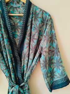 Robe kimono en soie pour femme, imprimé floral bohème, col en V, manches trois quarts, coupe ample, respirante, tissée, pour l'été, longueur midi - Product Image 6