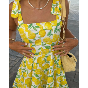 Abito da donna con stampa all'ingrosso di lino e limone con stampa di frutta dolce abito Casual da donna senza schienale Mini abito - Product Image 5