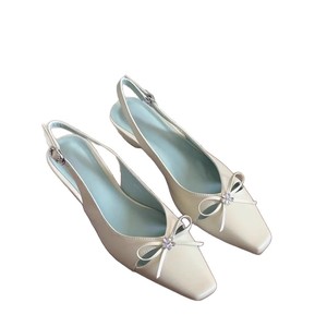 Sandales élégantes à bout carré et talon bas épais avec nœud décoratif, bride arrière, doublure en cuir véritable, chaussures pour femmes - Product Image 5