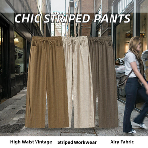 Pantalones de Mujer a Rayas, Anchos, Hasta el Tobillo, con Cintura Elástica y Cordón, Corte Holgado Informal, Tela Crepé, para Verano - Product Image 2