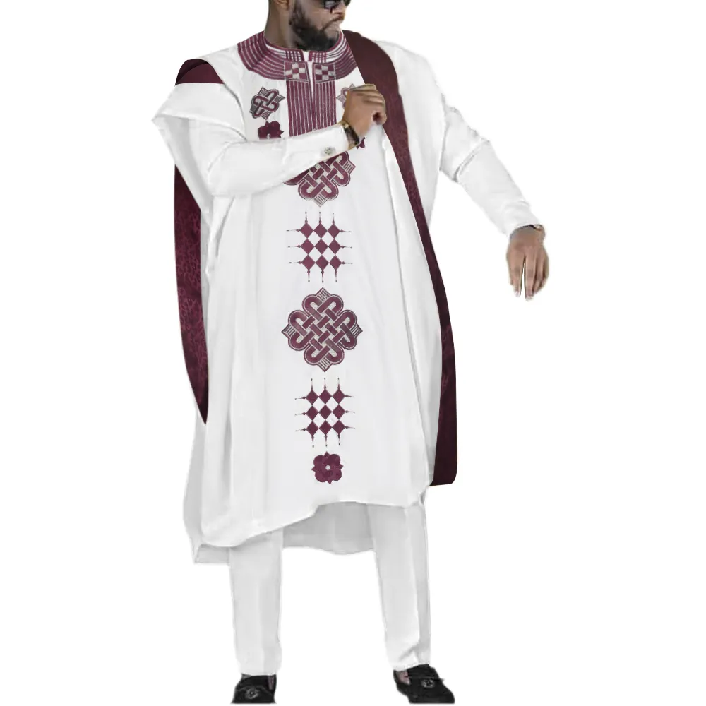 H   D African Clothes Long Sleeve Shirt and Pants Set 3 Piece Set Dashiki Suit 100% Cotton for Men