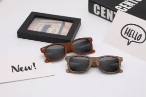 Barcur — lunettes de soleil unisexe, classiques, verres carrés en plastique, couleur bambou, avec logo personnalisé