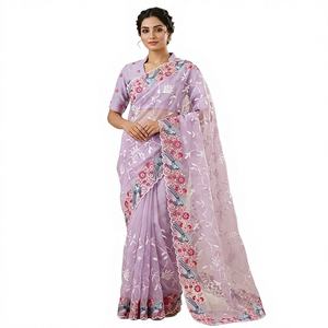 Sari en organza de viscose Lavender Bloom - Anti-humidité et infroissable - Tenue traditionnelle d'hiver pour femme - Product Image 1