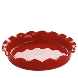 Wholesale cheap 10.5 Inch home dinnerware catering red round ceramic dish porcelain pie pan wirh ruffled edge