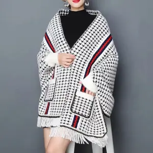 Fashion hot sale custom soft ponchos with sleeves best selling scarf warm cashmere cape shawl winter for women