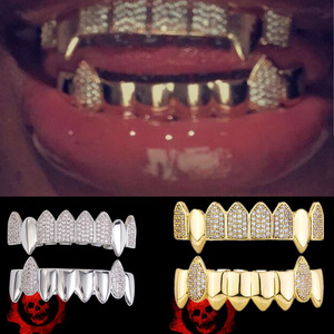 Grillz pour hommes style vampire européen-américain, bicolore, en zircon, pour fête et hip-hop, ornements dentaires à pointes, design géométrique - Product Image 5