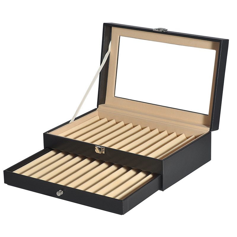Stift-Vitrine Aus Holz Mit 36 Fächern – Präsentationsbox Für Füllfederhalter, Mit Schublade & Glasdeckel, Abschließbar (braun)