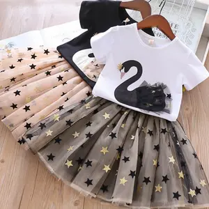 Beautiful Girls Summer Short Sleeve Cotton Polyester Swan Star Mesh Princess Casual Skirt Set 2 Piece