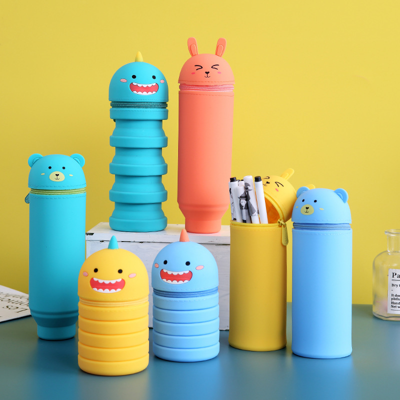 Мультяшный стереоскопический силиконовый держатель для ручек, выдвижная сумка для ручек и карандашей на молнии, вместительная школьная коробка для хранения канцелярских принадлежностей