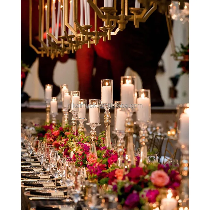 Toptan temizle düğün kristal şamdan cam mumluk uzun boylu akrilik masa süslemeleri için mumluklar