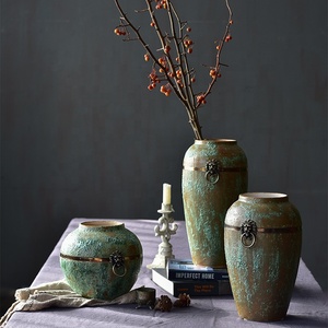 Bixuan <strong>Vases</strong> Green Retro Distressed Ceramic Jar <strong>Vase</strong> Unique Brass Ring Decor Art Porcelain <strong>Vases</strong> Table Centerpieces <strong>Set</strong> of <strong>3</strong> - Product Image 4