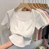Camiseta de verano para mujer con cuello cuadrado, manga corta, dobladillo curvo, escote amplio, ajuste ceñido, diseño de espina de pescado, teñido liso, color sólido, larga