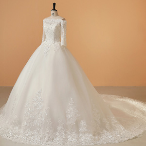 <b>White</b> Off The Shoulder Ball Gown Wedding Dress With Train Organza Over Chantilly <b>Lace</b> Sweetheart Neckline Natural Waistline - Product Image 3