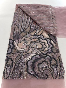 Haute Densité De Mariée Paillettes Perlées Broderie Tulle Dentelle Tissu Français <span class=keywords><strong>Blanc</strong></span> Couleur Brodé Perles Dentelle Tissu - Product Image 5