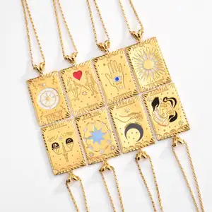 2022 Retro Oil Drop Tarot Square Pendant Necklace Titanium Steel Electroplated Real Gold Clavicle Chain Sweater Chain
