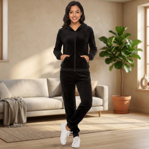 Custom Manufacturer Women <b>Velour</b> Breathable Winter <b>Tracksuit</b> 2-Piece Solid Black Full Sleeve Hooded Zipper Front Casual Jogger - Product Image 3