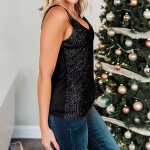 Women's Black <b>Sequin</b> Tank <b>Top</b> V-Neck Knitted Casual Party <b>Top</b> - Product Image 3