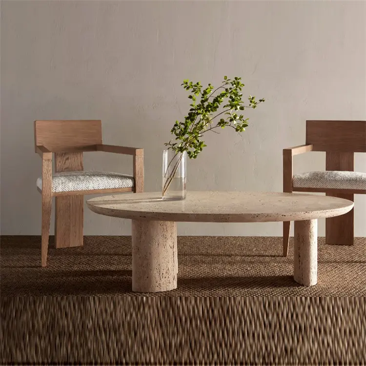 Mesa de té Ovalada para exteriores, piedra natural, tallado de raíces, diseño redondo grande y moderno italiano, mesa de centro de lujo de travertina