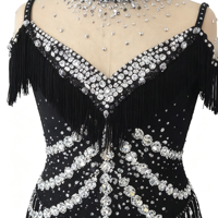Robe de patinage artistique noire à franges, col montant, ornée de strass faits à la main, pour adultes et enfants, pour compétition et spectacle de danse sur glace