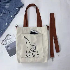 Taşınabilir çift amaçlı kanvas çanta toptan kadın bir omuz yaz büyük kapasiteli öğrenci karikatür özel geri dönüşümlü çanta