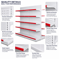 Étagère Gondole Double Face en Métal Gris Clair avec Panneau Perforé et Bordure Rouge – Présentoir Léger à Installation Rapide pour Supermarché, Empilable