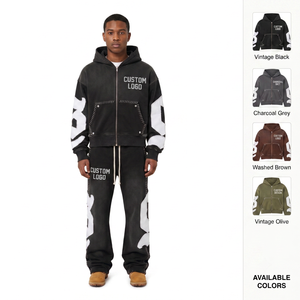 Custom Men's Heavyweight Knitted Fleece Embroidered Tracksuit Set <b>Oversized</b> Half Zip Hoodie Flared <b>Sweatpants</b> Color Blocking - Product Image 2
