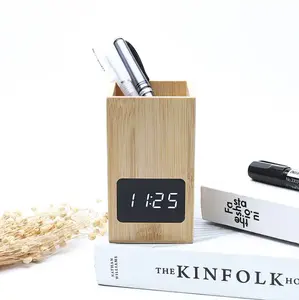 Hot seeling product wooden metal table clock wooden digital alarm clock with pen holder function