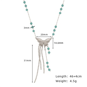 Vintage Jewelry Necklace Stainless Steel <b>Blue</b> <b>Beads</b> Link Chain butterfly Charm Tassel Necklace - Product Image 4