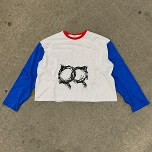 Custom Patchwork <b>Raglan</b> Long Sleeve Casual O-neck <b>T</b>-<b>shirt</b> With Contrast Color Matching and Knitted Fabric - Product Image 1