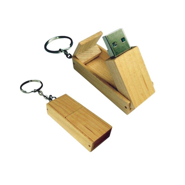 Large Square Bamboo Wood USB Flash Drive 16Gwith Flip-Up Design Foldable Keychain Gift Laser Engraved Logo for Promotions U Disk