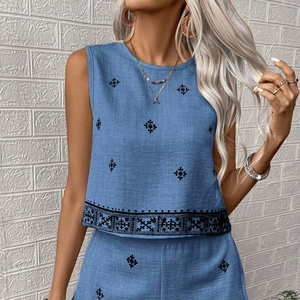 Ensemble 2 pièces long pour femme, haut et short décontractés, brodés, couleur unie, sans manches, col rond, en mousseline de coton 100% tissé, pull-over, faible MOQ, personnalisable - Product Image 1