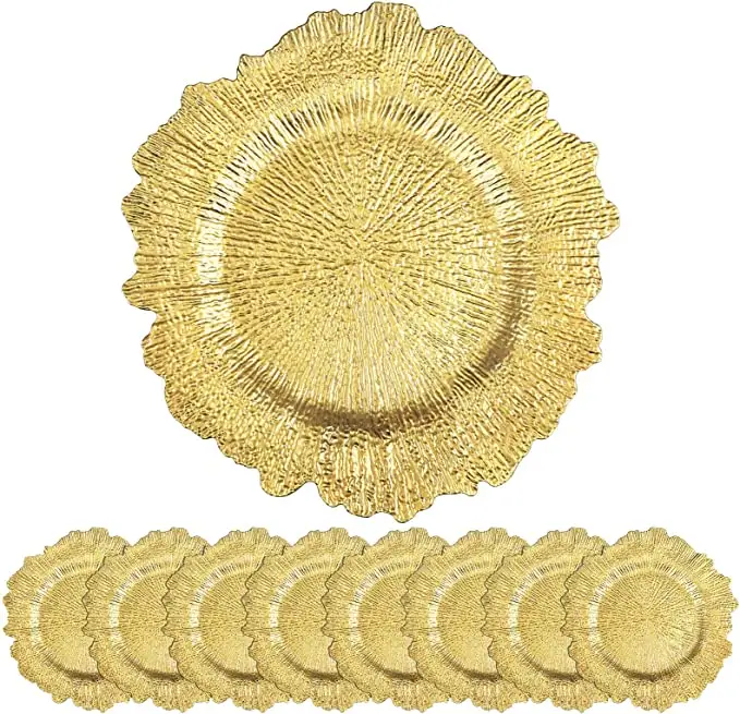 Placa de carregamento de ouro para festas, plástico elegante, recife para jantar, decoração de casamento, acrílico, placa irregular redonda, 13 polegadas, moderna