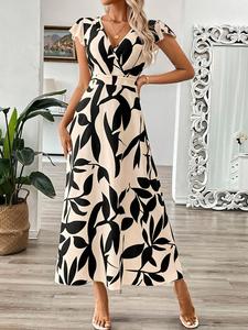 Vestido midi de verano para mujer con cuello en V, manga casquillo, estampado floral, cinturón y corte en A, estilo casual cruzado - Product Image 1