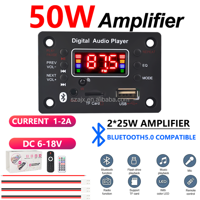 50W Mini Bluetooth Amplifier Board with Digital Display | 6V-18V Wide Voltage Input | Complete Power Cable Kit for DIY Audio