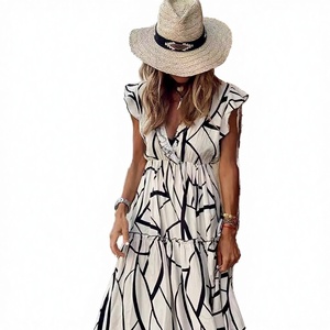Robe mi-longue respirante pour femme, col en V, sans manches, motif personnalisé, teinte unie, collection printemps/été, vente en gros - Product Image 3