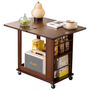 Mobile Foldable Coffee <b>Table</b> Walnut Wood Storage Trolley Living Room Sofa Side <b>Table</b> With Wheels - Product Image 5