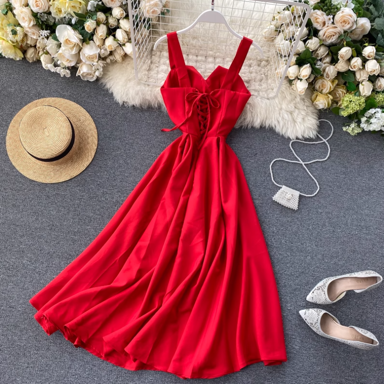 vintage casual dresses Qleicom Womens Sexy Sling Dress Summer Casual Club Night Out Dress Round Neck Sleeveless Pure Color Beach Daily Party Dress Vintage Dress Beach