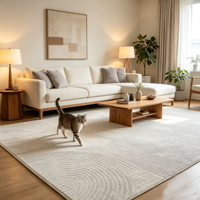 Tapis Wabi Sabi Jacquard aspect jute PP pour salon, beige, lignes ondulées texturées, antibactérien, hauteur de pile 9 mm, fin, pour la maison