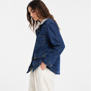 Women's Retro <b>Denim</b> Worker Jacket Plaid Lined Collar Metal Clasp Barn Jacket <b>Coat</b> - Product Image 2