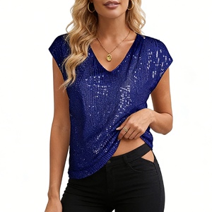 Women's Sequin V-Neck Cap Sleeve Blouse - Sparkly Party <b>Top</b> Womens Clothes Shirt Fashion - Product Image 1