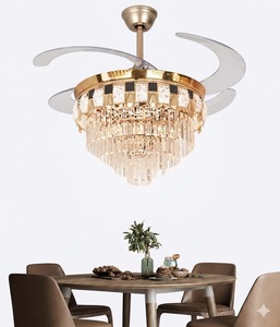 Ventilateur de plafond LED élégant en cristal doré avec pales rétractables, télécommande, lumière silencieuse, style lustre pour la décoration intérieure - Product Image 4