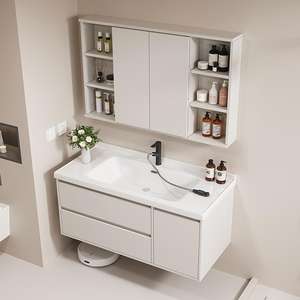 Ensemble de meuble-lavabo de salle de bain moderne et luxueux avec panneau en mélamine, lavabo mural et grand miroir avec armoire pour hôtels/locations - Product Image 4