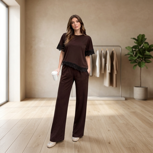 Conjunto de Dos Piezas Mybeefashion para Mujer, Ligero y Elegante, con Detalles de Encaje Marrón, Top de Manga Corta y Pantalones Anchos, para Uso Casual - Product Image 3