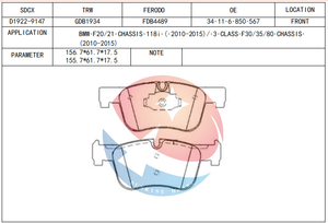 Plaquettes <span class=keywords><strong>de</strong></span> <span class=keywords><strong>frein</strong></span> pour pièces automobiles certifiées SDCX D1922-9147 GDB1934 TS16949 FDB4489 34116850568 / 34116874331 pour 1 F21 120 d X Drive - Product Image 2